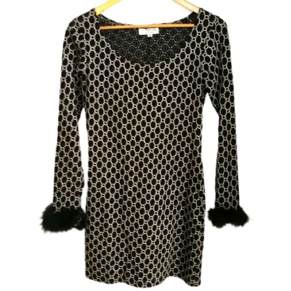 Vintage Dresses & Skirts - VINTAGE Y2K Black & Gold Geometric Print Bodycon & Fur Sleeves Mini Dress Medium